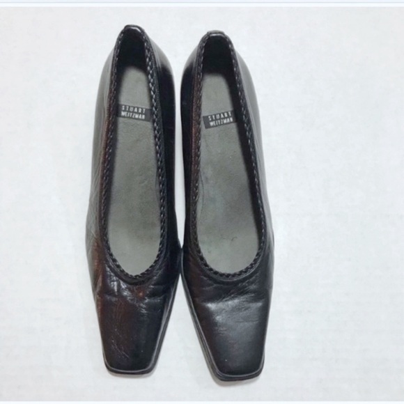 Stuart Weitzman Black Leather Square Toe Block Heel Pumps 10 - Picture 2 of 6